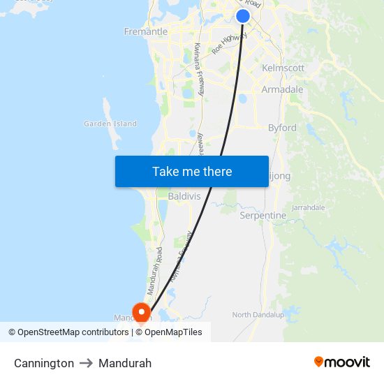 Cannington to Mandurah map