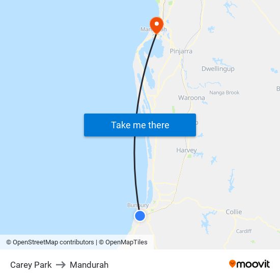 Carey Park to Mandurah map