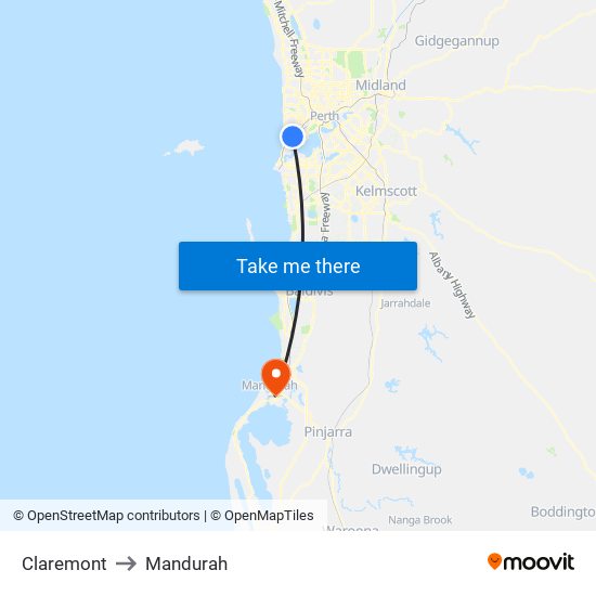 Claremont to Mandurah map