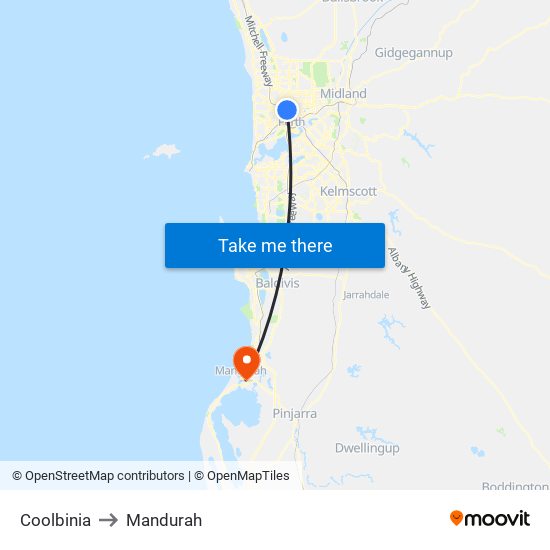 Coolbinia to Mandurah map