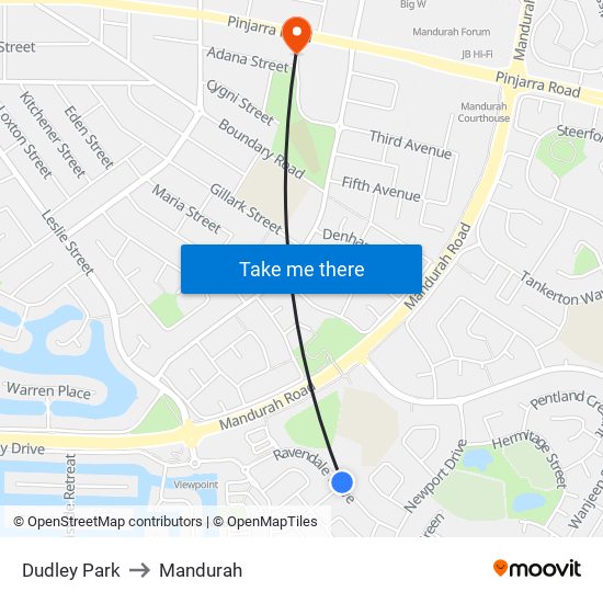 Dudley Park to Mandurah map