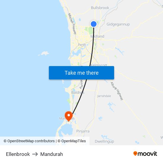 Ellenbrook to Mandurah map