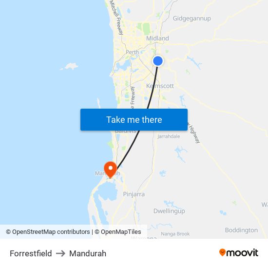 Forrestfield to Mandurah map