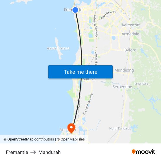 Fremantle to Mandurah map