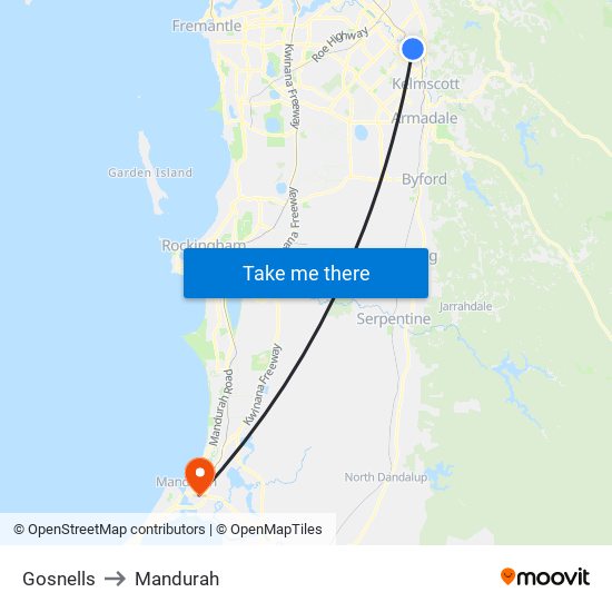 Gosnells to Mandurah map