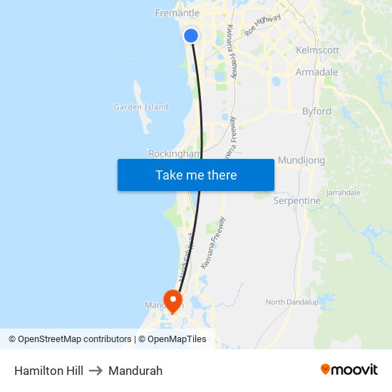 Hamilton Hill to Mandurah map