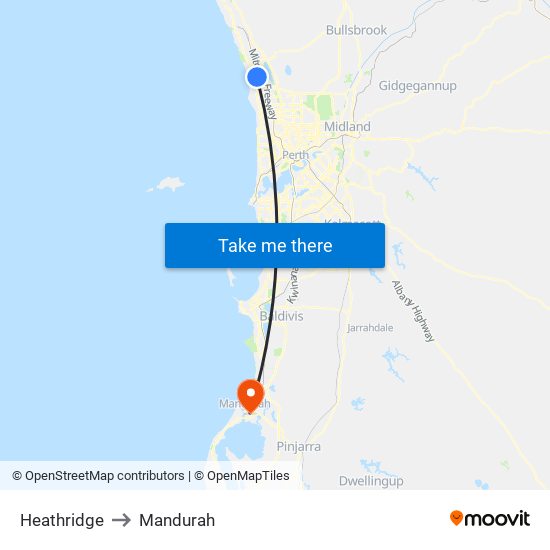 Heathridge to Mandurah map