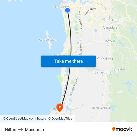 Hilton to Mandurah map