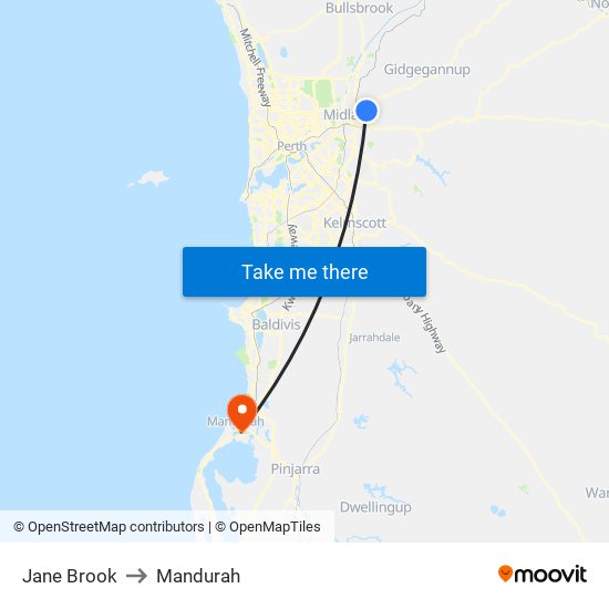 Jane Brook to Mandurah map