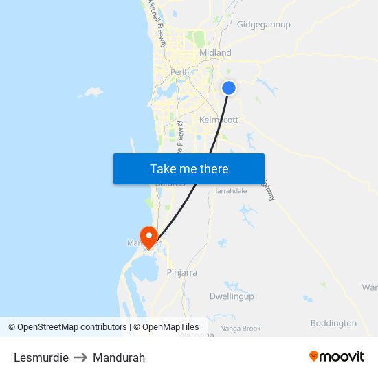 Lesmurdie to Mandurah map