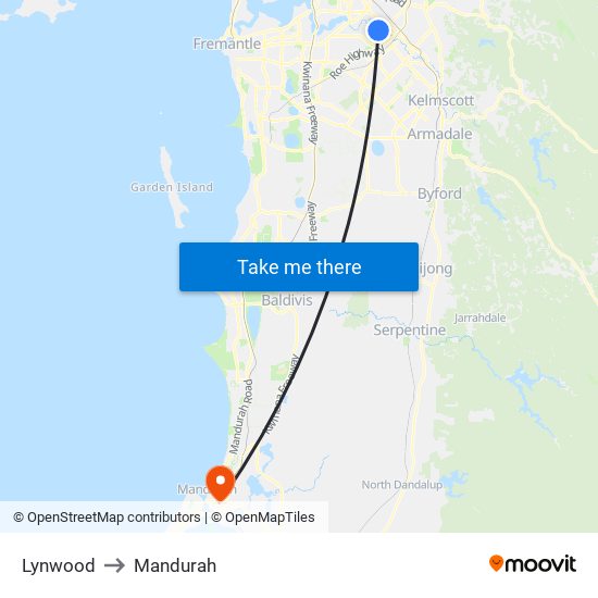 Lynwood to Mandurah map