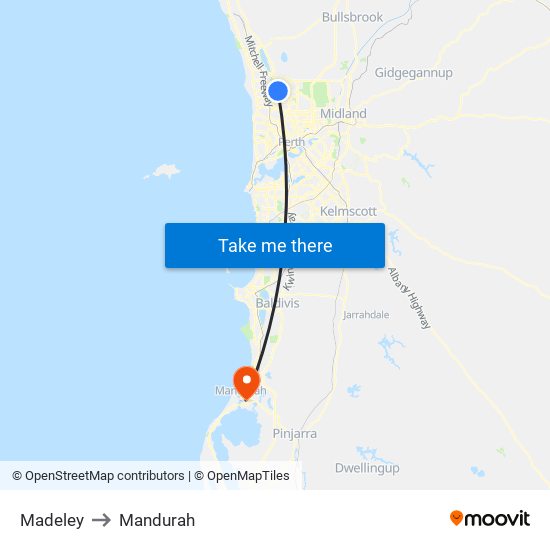 Madeley to Mandurah map