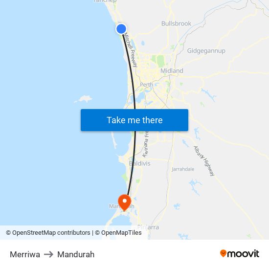 Merriwa to Mandurah map