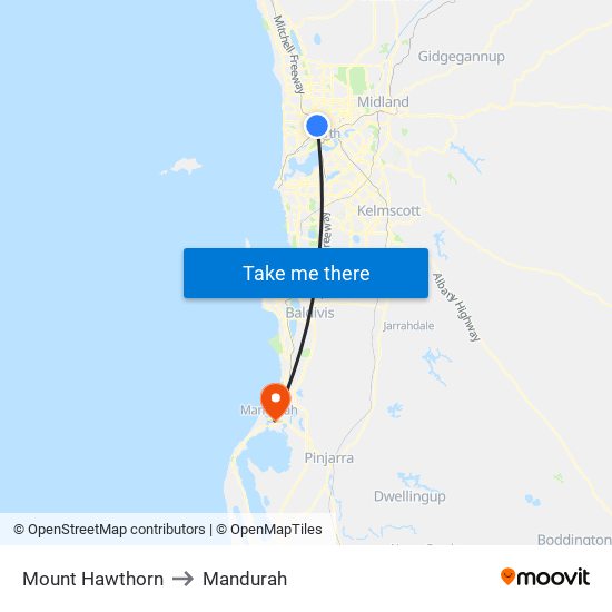 Mount Hawthorn to Mandurah map