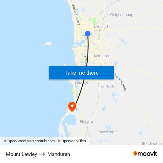 Mount Lawley to Mandurah map