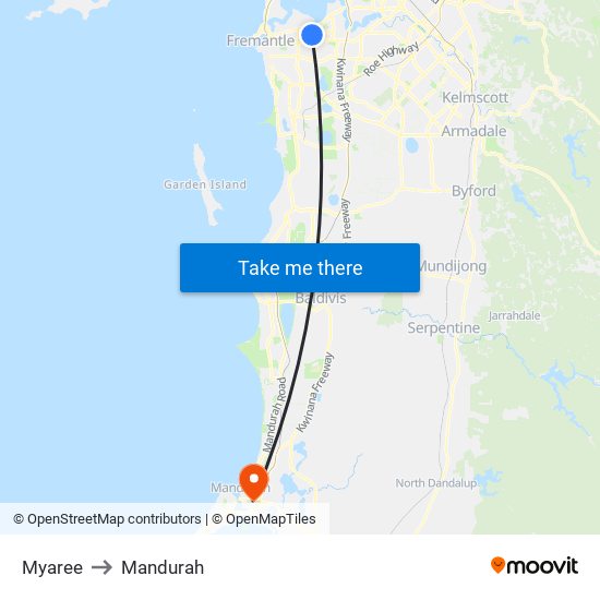 Myaree to Mandurah map