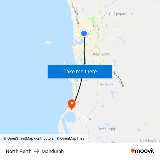 North Perth to Mandurah map