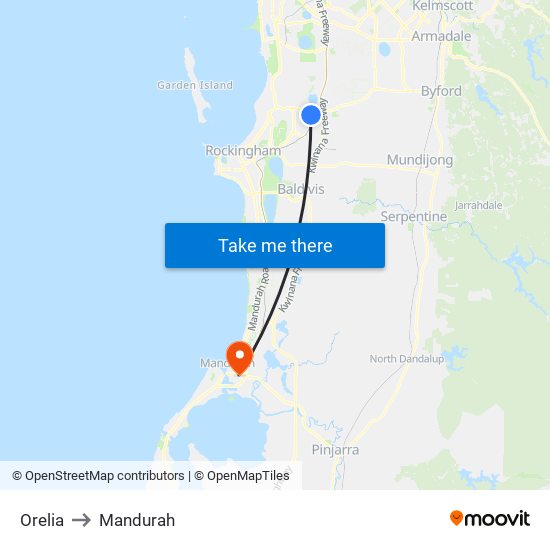 Orelia to Mandurah map