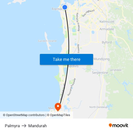 Palmyra to Mandurah map