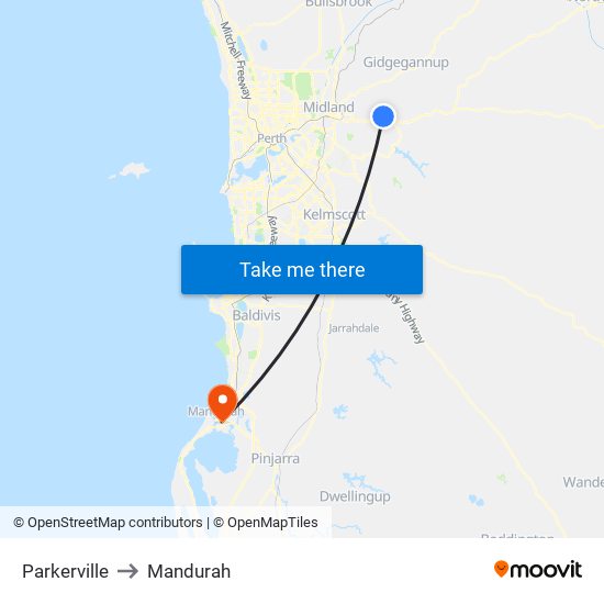 Parkerville to Mandurah map