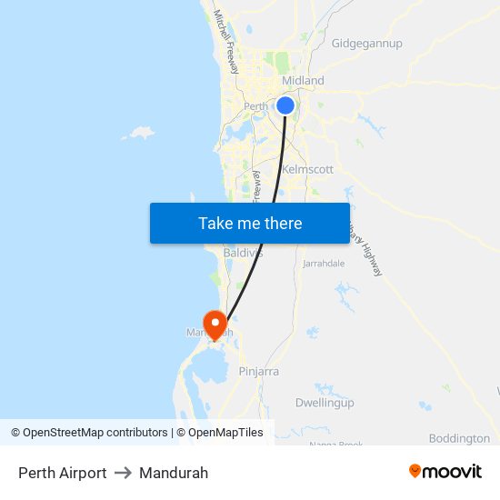Perth Airport to Mandurah map