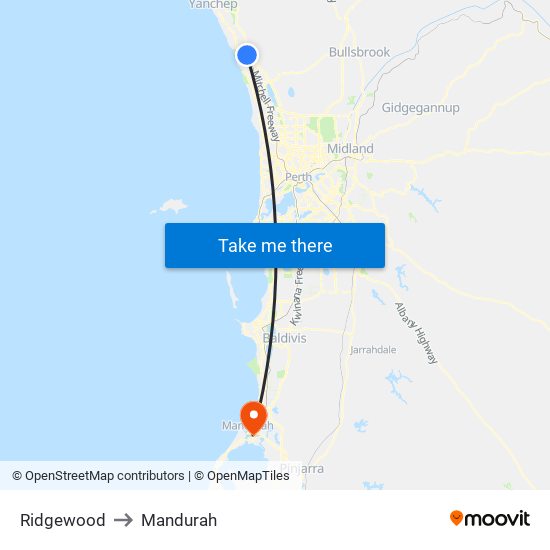 Ridgewood to Mandurah map