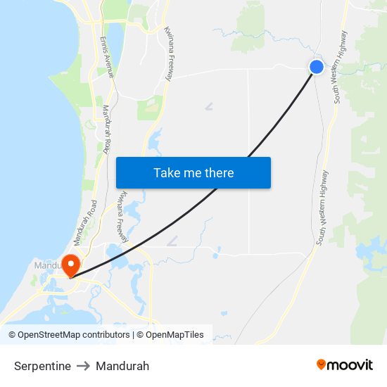 Serpentine to Mandurah map