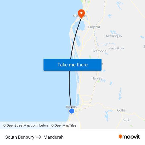 South Bunbury to Mandurah map