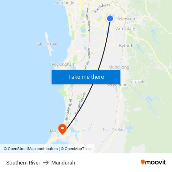 Southern River to Mandurah map