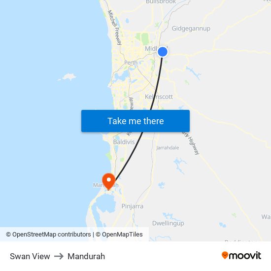 Swan View to Mandurah map