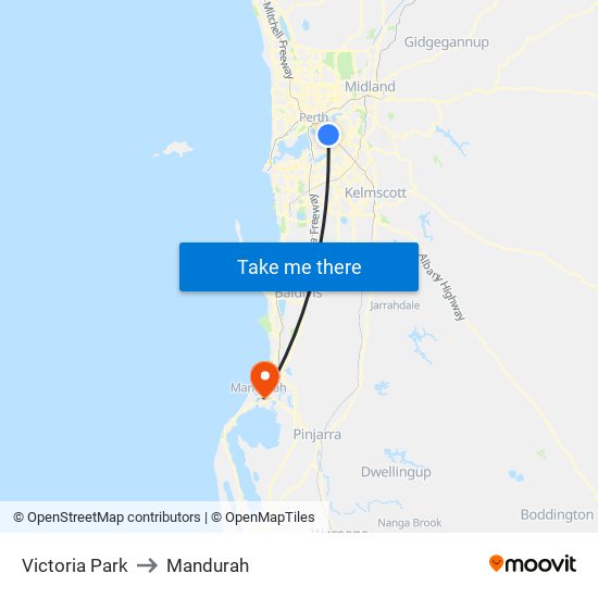 Victoria Park to Mandurah map