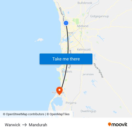 Warwick to Mandurah map