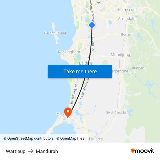 Wattleup to Mandurah map