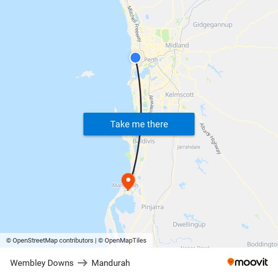 Wembley Downs to Mandurah map