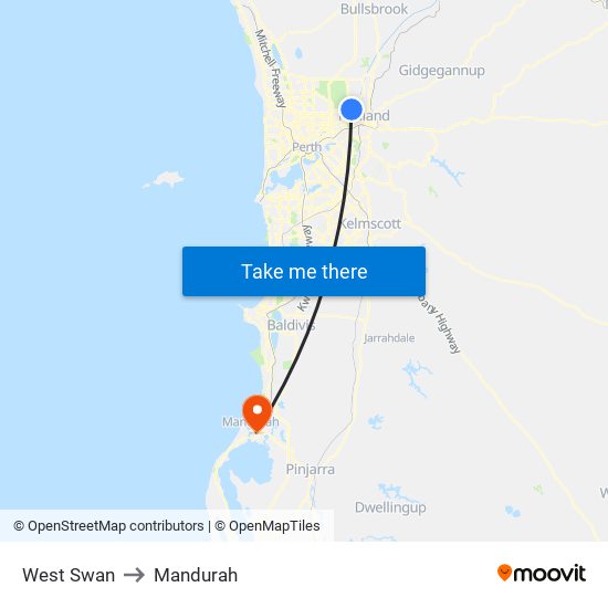 West Swan to Mandurah map