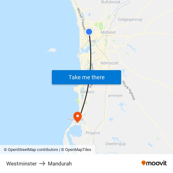 Westminster to Mandurah map
