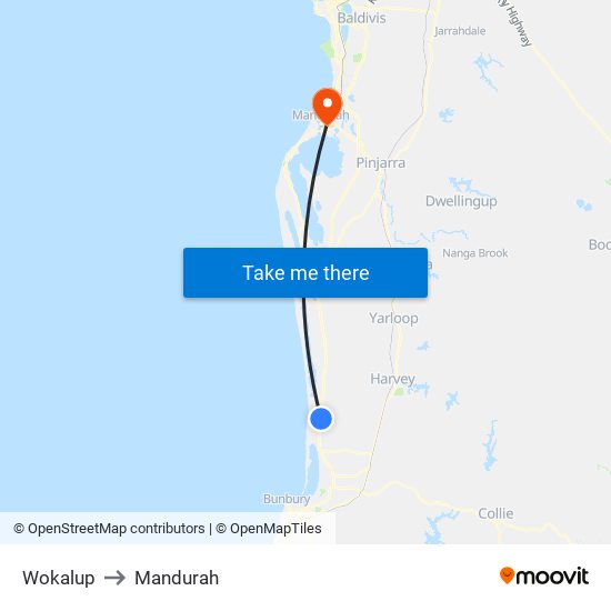 Wokalup to Mandurah map