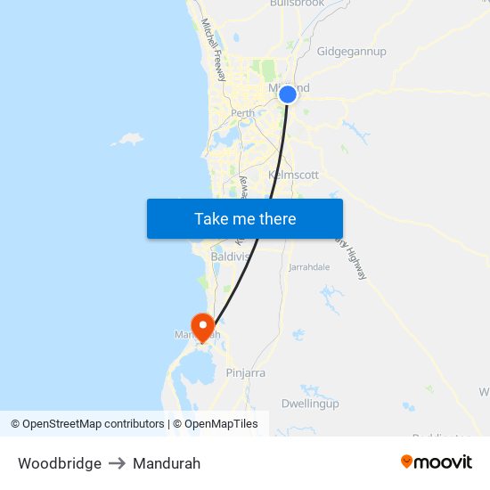 Woodbridge to Mandurah map