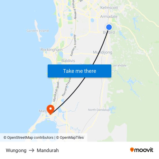 Wungong to Mandurah map