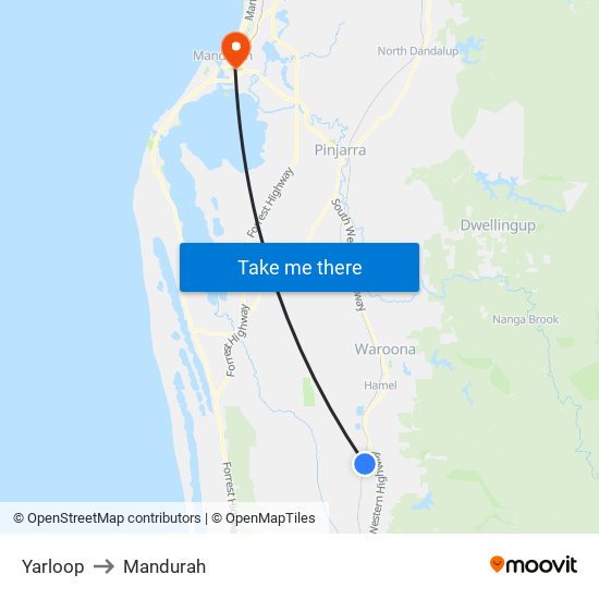 Yarloop to Mandurah map