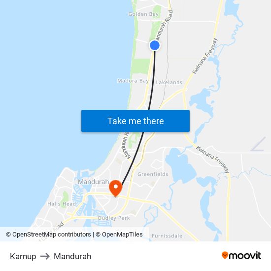 Karnup to Mandurah map