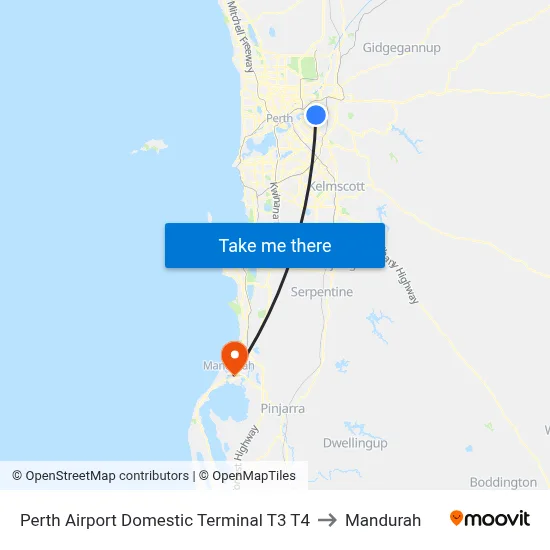 Perth Airport Domestic Terminal T3 T4 to Mandurah map