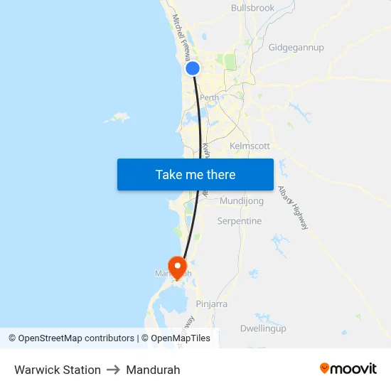 Warwick Station to Mandurah map