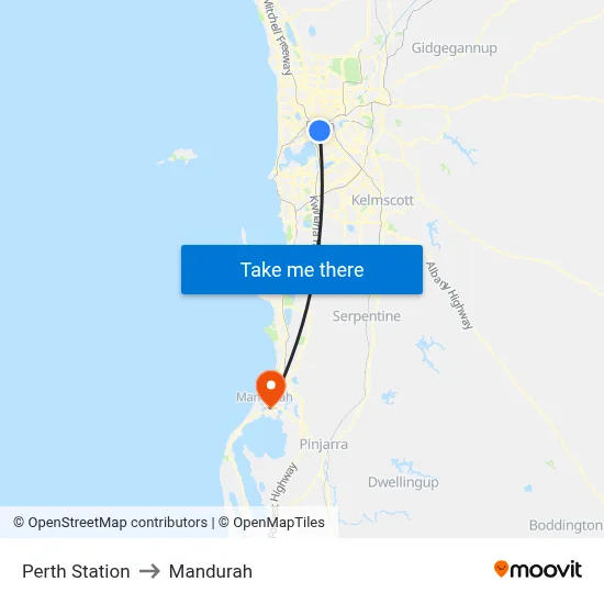 Perth Station to Mandurah map