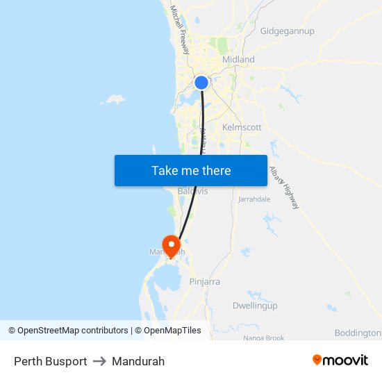 Perth Busport to Mandurah map