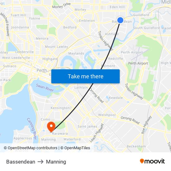 Bassendean to Manning map