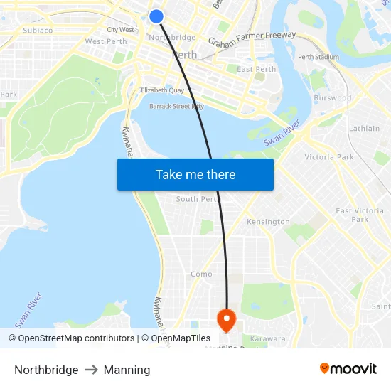 Northbridge to Manning map