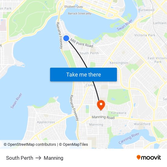 South Perth to Manning map