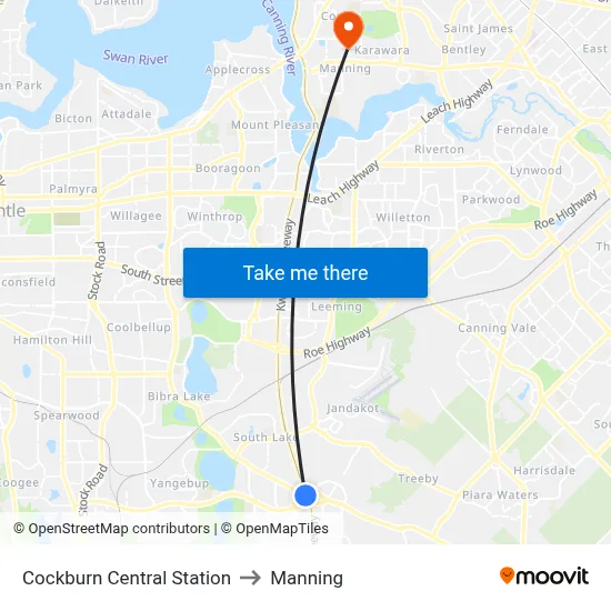 Cockburn Central Station to Manning map