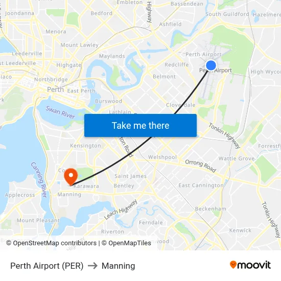 Perth Airport (PER) to Manning map